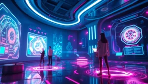 Engaging depiction of NSFW AI technology in a vibrant digital landscape with interactive holographic displays.