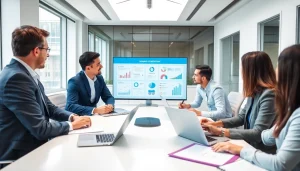 Engaging scene of demand generation consulting professionals collaborating on marketing strategies.