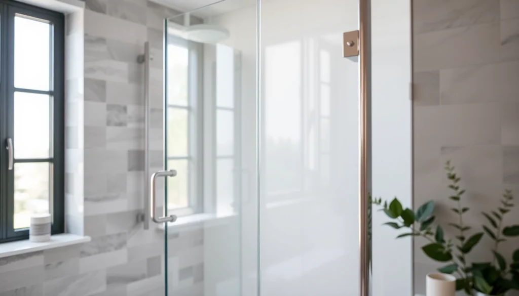 Showcasing a sleek shower screen door in a modern bathroom setting, illuminated by natural light.