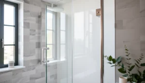 Showcasing a sleek shower screen door in a modern bathroom setting, illuminated by natural light.