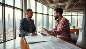 New York City General Contractor consulting clients in a bright, modern office with city views.