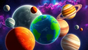 Explore planetary facts featuring vibrant illustrations of Earth, Mars, and Saturn in space.
