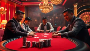 Players enjoying a thrilling poker game at RR88 casino, showcasing chips and cards.