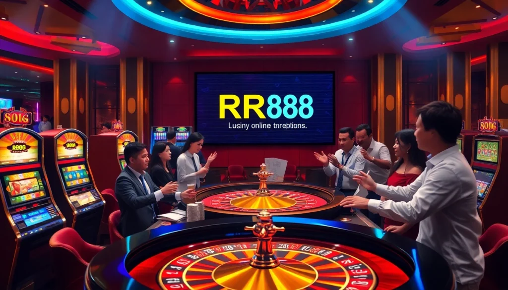A group enjoying online gambling with the RR88 link prominently displayed on a luxurious casino table.