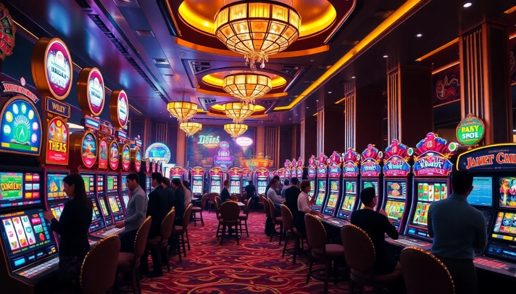 Players winning big on idnslot themed machines in a vibrant casino atmosphere.