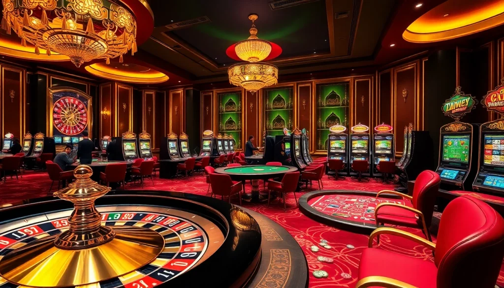 Experience high-stakes betting at bk8thai's luxurious casino scene filled with roulette wheels and slot machines.