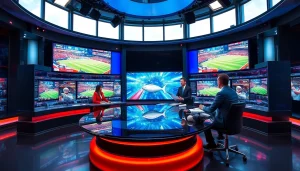 Engaging anchors in a sports broadcasting studio presenting live updates with vibrant screens.