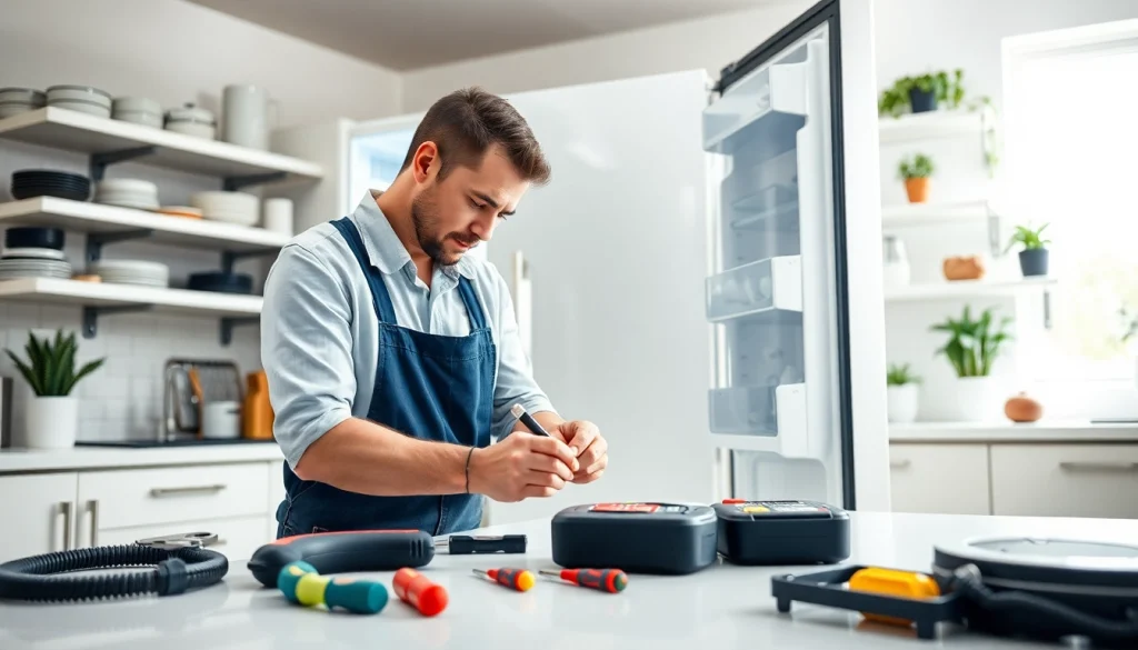 Technician performing refrigerator repair ottawa in a modern kitchen setting.