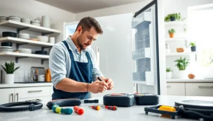 Technician performing refrigerator repair ottawa in a modern kitchen setting.