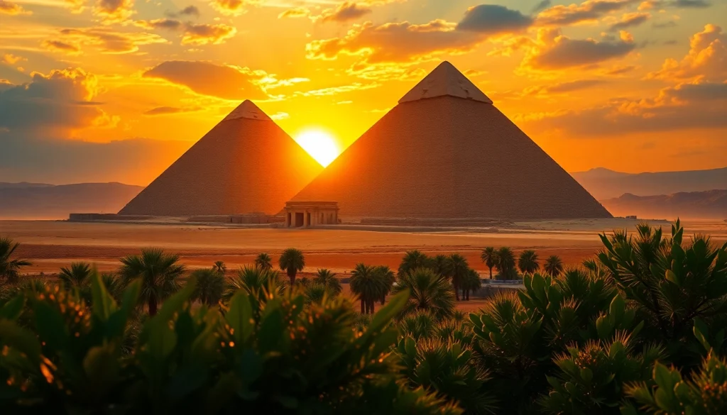 Explore the rich history of piraminds through a stunning sunset view.