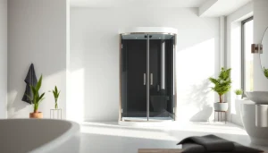 Découvrez la cabine de douche intégrale moderne avec portes coulissantes dans une salle de bain élégante.