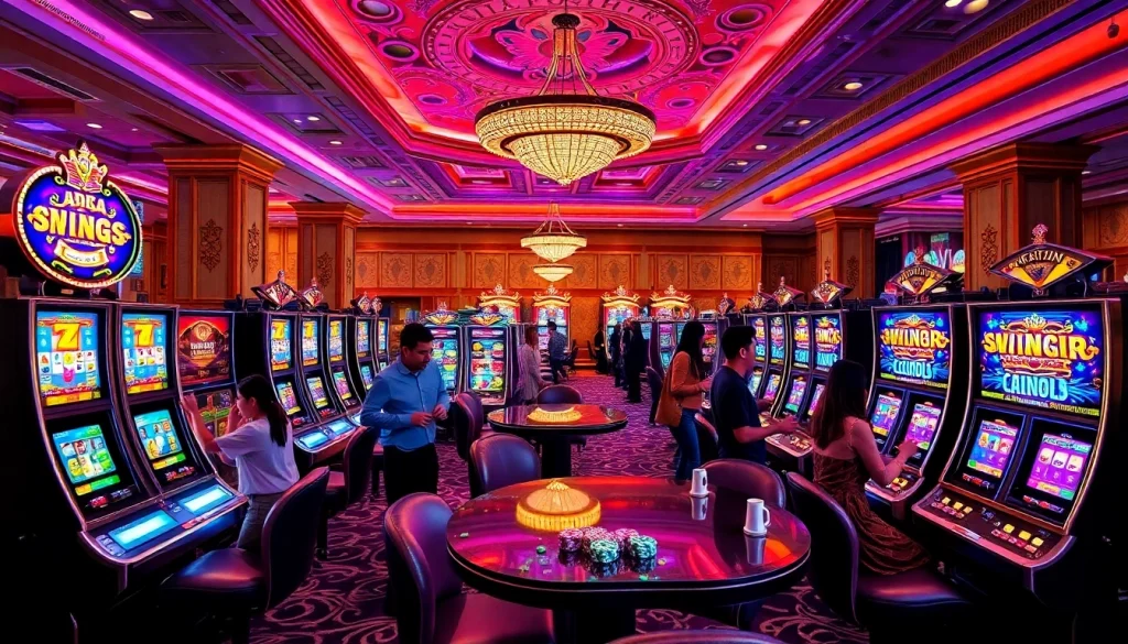 Para pemain menikmati berbagai game slot depo pulsa dalam suasana kasino yang meriah penuh kegembiraan.