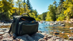 Organized fly fishing bag displayed on a riverbank with fishing gear visible.
