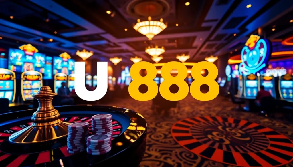 Experience high-stakes gaming at U888 with vibrant casino visuals featuring roulette and poker action.