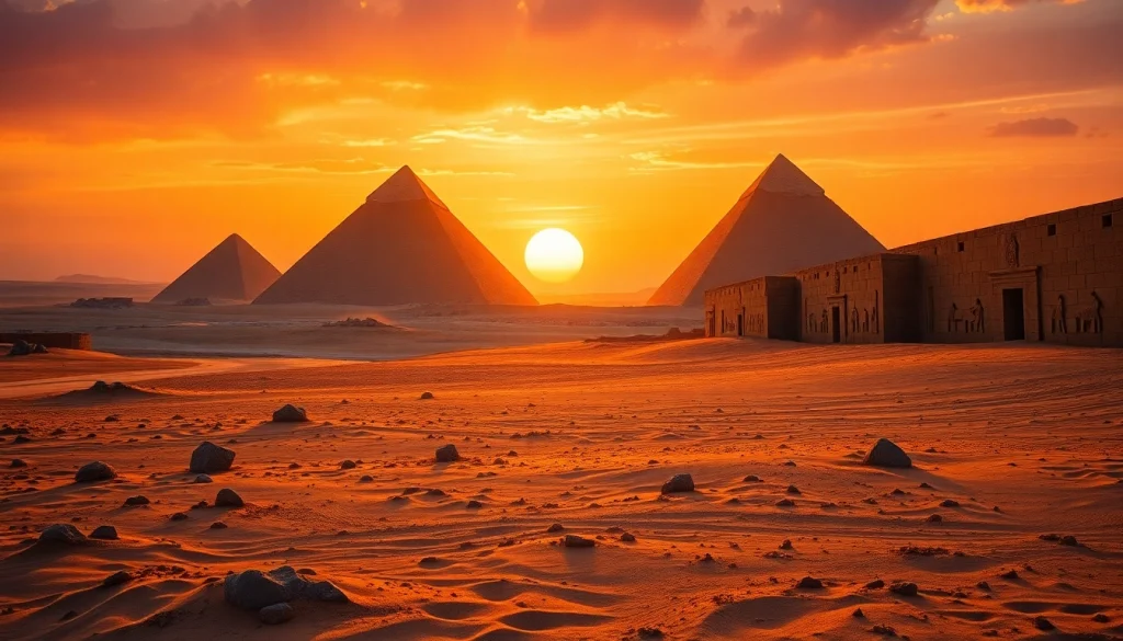 Captivating aerial view of pyramids in Egypt at sunset highlighting their grandeur.