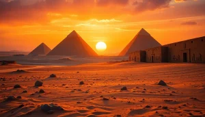 Captivating aerial view of pyramids in Egypt at sunset highlighting their grandeur.