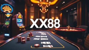 Experience luxurious online gaming at XX88 with vibrant casino visuals of poker chips and slots.