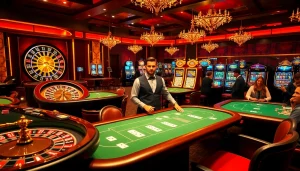 Engaging casino scene featuring vibrant tables and players enjoying link alternatif onicplay games.