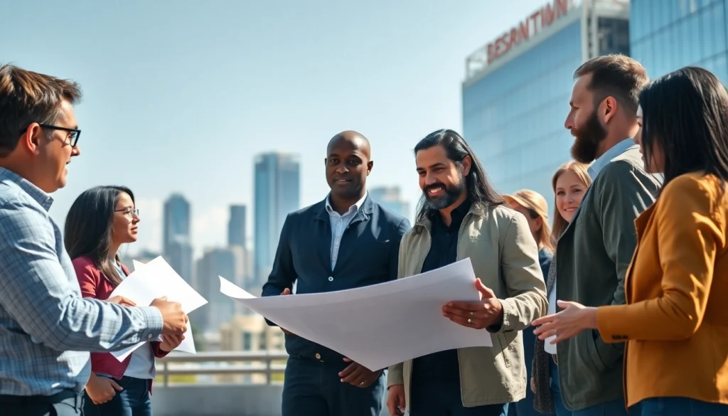 Members of a construction member organization collaborating over blueprints in an urban setting.
