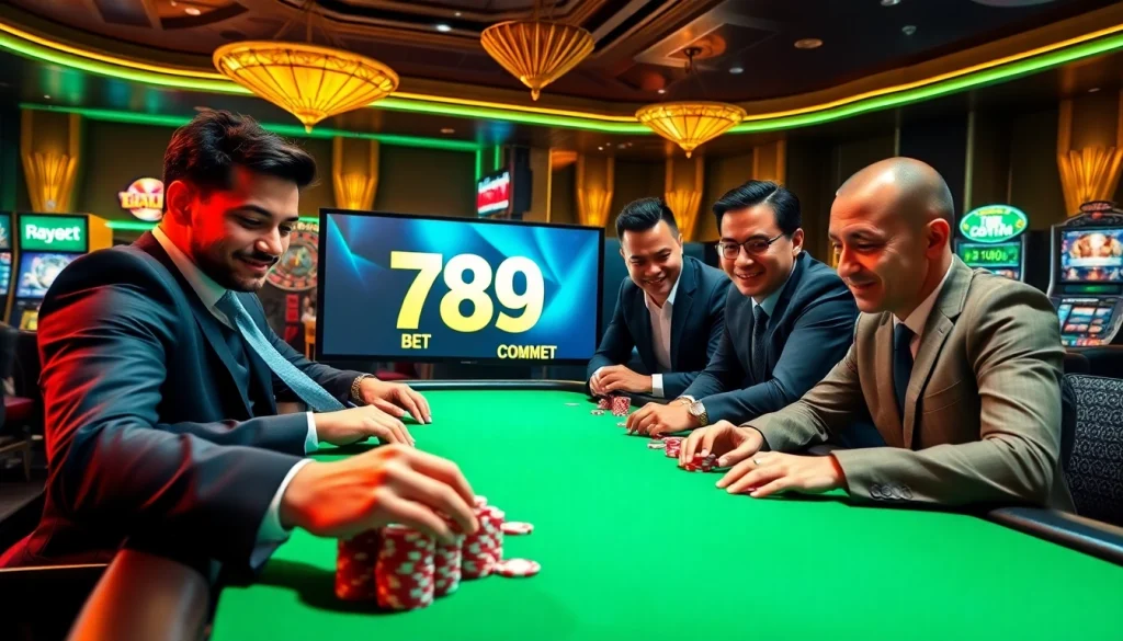 Experience thrilling online gambling at 789BET.COM with an engaging poker and casino scene.