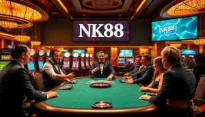 Players enjoying an intense poker game featuring NK88 casino elements in a luxurious setting.