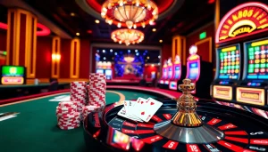 NK88 vibrant casino scene with roulette wheel, poker chips, and slot machine.