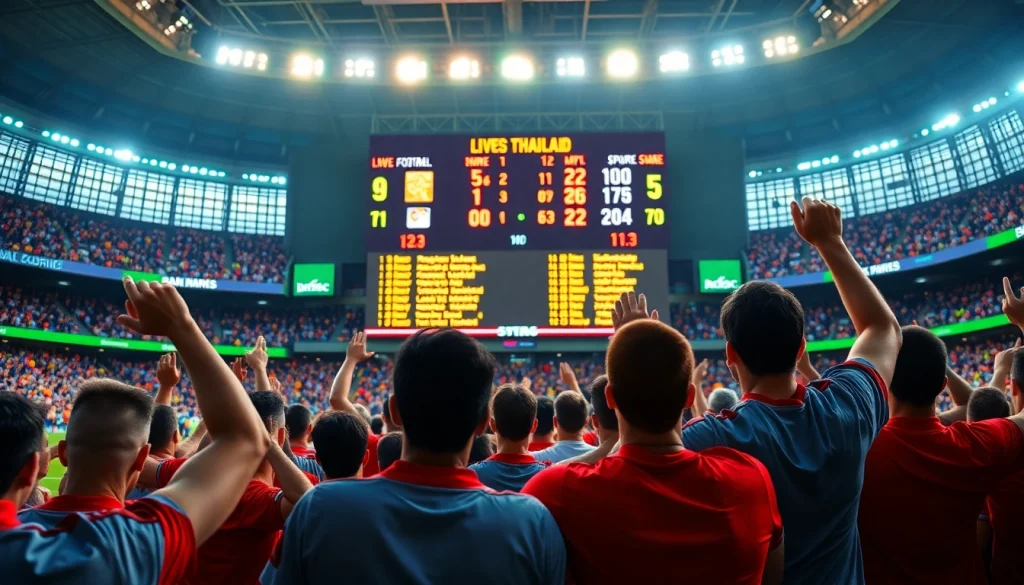 แสดงผลบอลไทยสดในสนามฟุตบอลที่มีแฟนบอลเชียร์อย่างมีพลัง