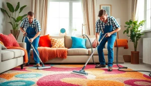 Local carpet cleaners expertly revitalizing a colorful carpet in a cozy home environment.