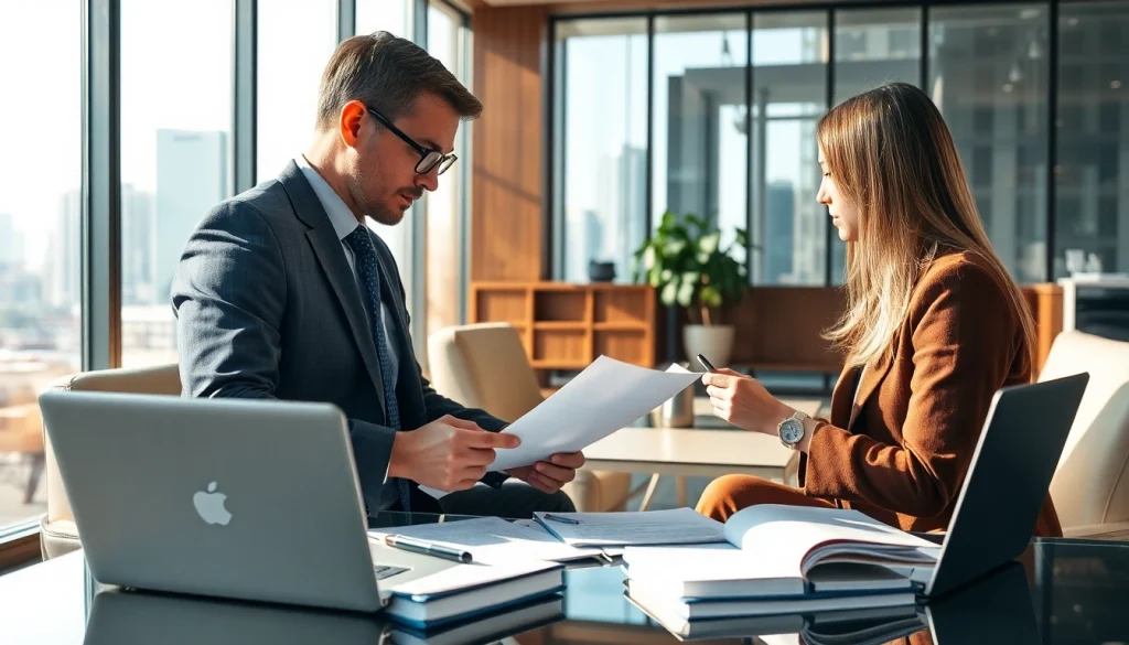 Engaging intellectual property lawyer assisting a client in a modern office setting.
