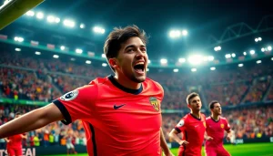 Catch the thrilling celebration of a goal in a vibrant soccer match as seen in ผลบอลสดไทย.