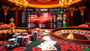 Engage with the SBOBET login interface while surrounded by luxurious casino elements and vibrant gaming visuals.