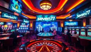 Experience the excitement of seven77 alternatif gaming in a vibrant casino scene with roulette, blackjack, and slot machines.