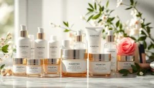 Kosmetika prabangūs grožio produktai elegantiškame aplinkoje.