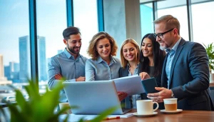 Hire reps by industry: Professional sales representatives collaborating in a modern office.