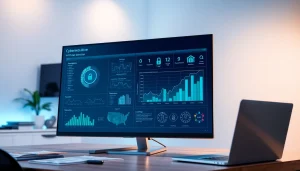 Visual representation of cybersecurity AI threat detection analytics in a modern workspace.
