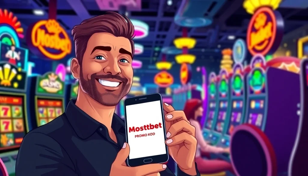 Mostbet promo kod ilə slot maşınlarında oyun oynayan şanslı oyunçunun əyləncəli görüntüsü.