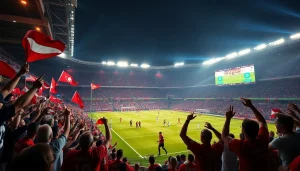 مشهد مثير لكرة القدم الحية يعكس إثارة بث koora tv مع جماهير تهتف وأضواء ملاعب نابضة بالحياة.