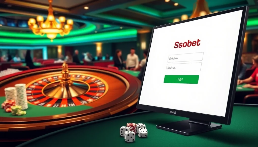 Sbobet login interface displayed on a mobile device amidst a vibrant casino scene.