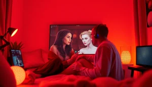 Immersive scene of AI NSFW characters interacting in a cozy digital environment.