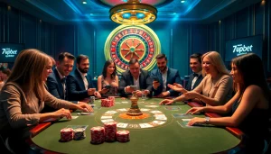 Exciting poker game scene featuring 7upbet chips and cards under ambient lighting.