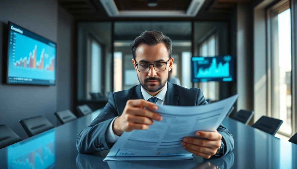 Crisis management consultant reviewing strategies in a modern office setting