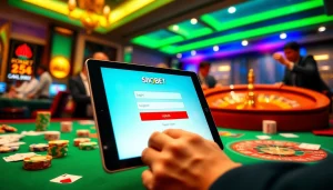 Sbobet login on a sleek tablet with a lively casino backdrop of poker chips and cards.