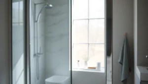 Showcase of a modern shower screen door in a stylish bathroom environment, highlighting elegance.