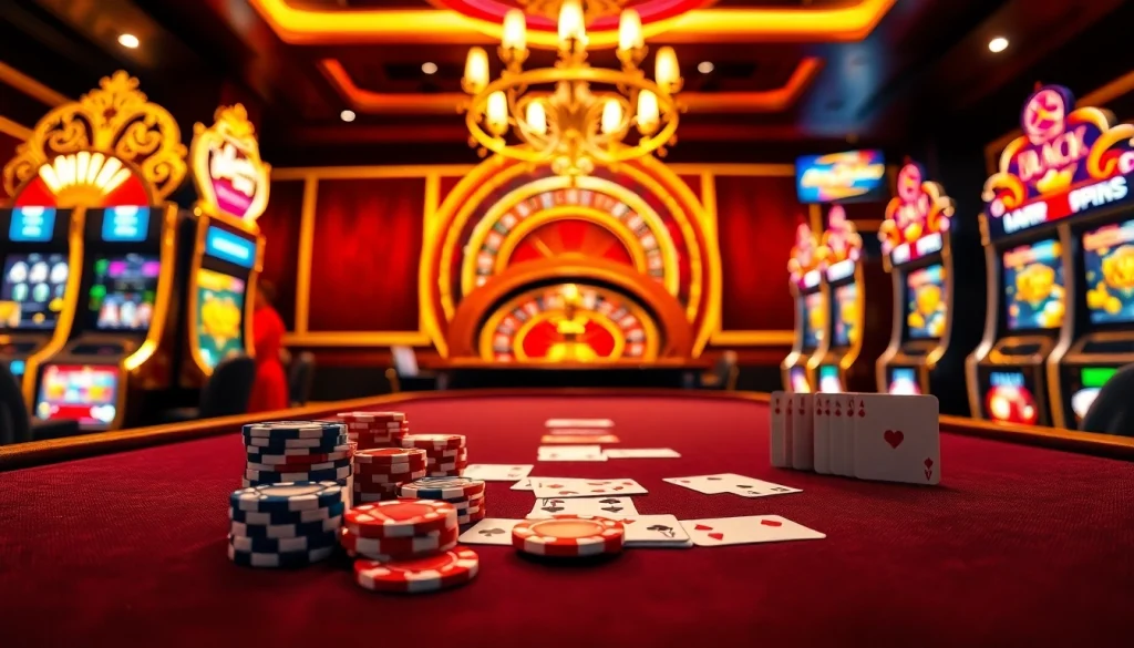 Une scène vibrante de casino en ligne France présentant des tables de jeu colorées, une roue de roulette et des machines à sous, véhiculant excitation et luxe.