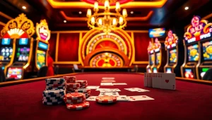 Une scène vibrante de casino en ligne France présentant des tables de jeu colorées, une roue de roulette et des machines à sous, véhiculant excitation et luxe.