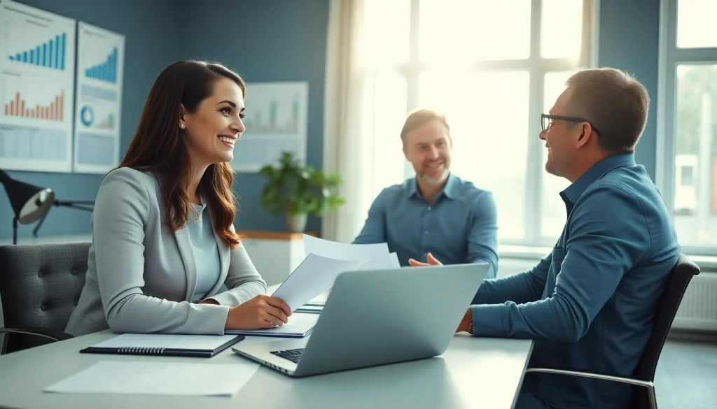 Usługi księgowe z profesjonalnym księgowym prowadzącym klientów w nowoczesnym biurze.
