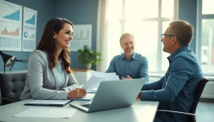 Usługi księgowe z profesjonalnym księgowym prowadzącym klientów w nowoczesnym biurze.