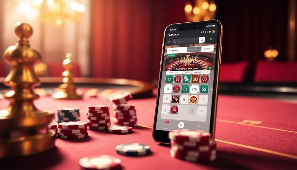 Expérience passionnante de casino en ligne avec une table élégante et une interface smartphone.