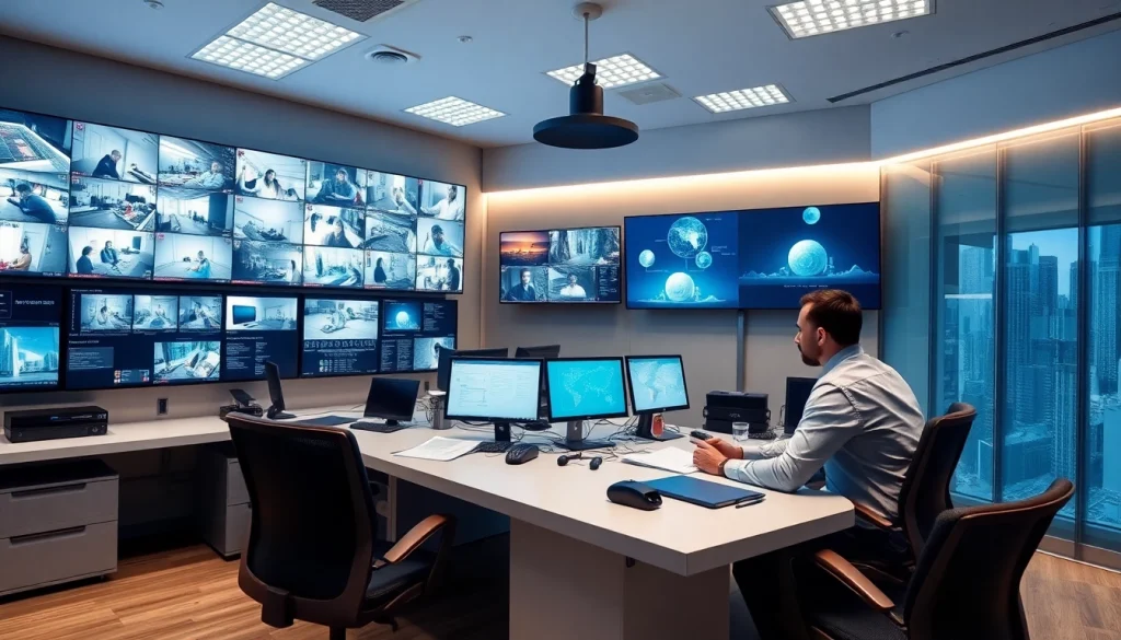 Sala de monitoreo de seguridad con tecnología avanzada y sistemas de vigilancia.