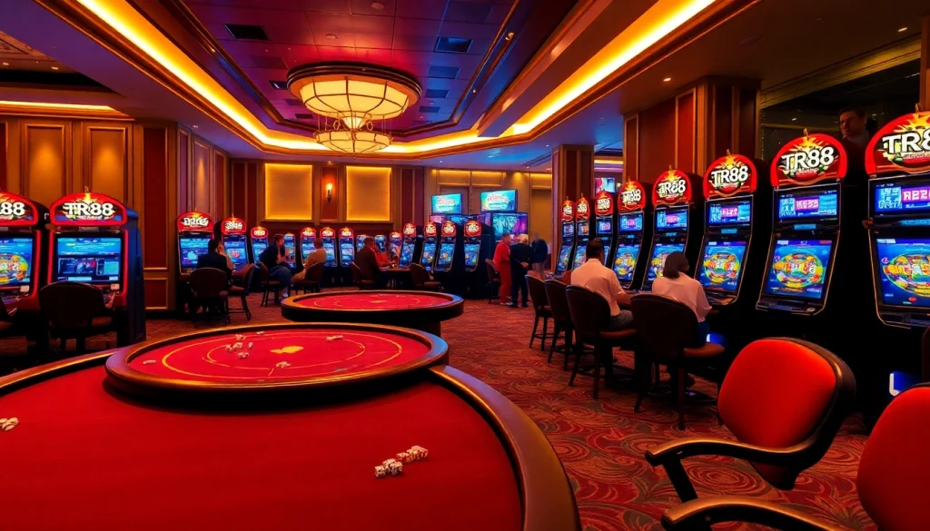 Exciting gaming atmosphere at TR88 casino with poker tables and vibrant slot machines.